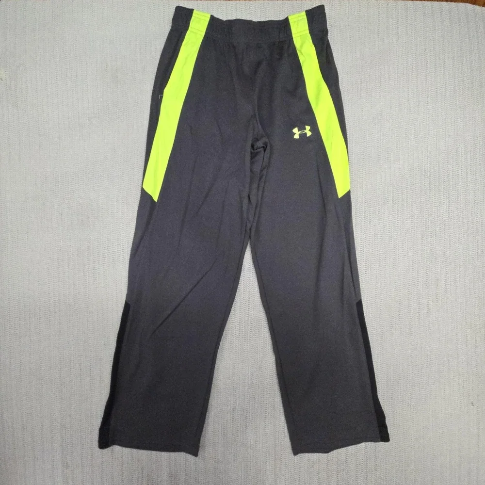Under Armour Track Pants Boys XL 18-20 Gray Neon Yellow Colorblock Mesh Athletic